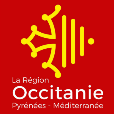 Logo de la Région Occitanie avec des motifs stylisés et le texte "Pyrénées - Méditerranée".